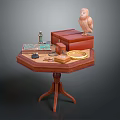 Wooden Octagonal Side Table With Red Box Owl Figurine And Small Decorative Items