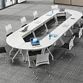 Modern Conference Table In Office With White Chairs Laptop Water Bottle Large Windows City View