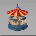 Children Playing With Colorful Carousel Toy Red Yellow Striped Canopy Blue Base