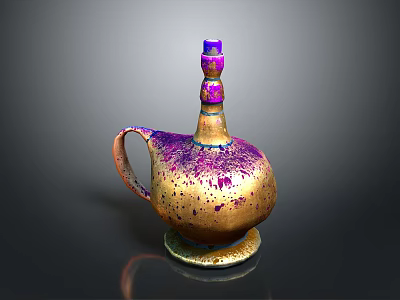 Stylish Gold And Purple Speckled Ceramic Vase With Handle And Purple Top 3d model