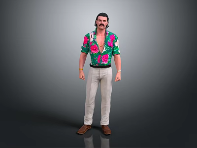 Mustached Man Wearing Green Floral Shirt White Pants Gold Bracelets And Flowers Against Gray Background 3d model