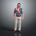 Mustached Man Wearing Green Floral Shirt White Pants Gold Bracelets And Flowers Against Gray Background