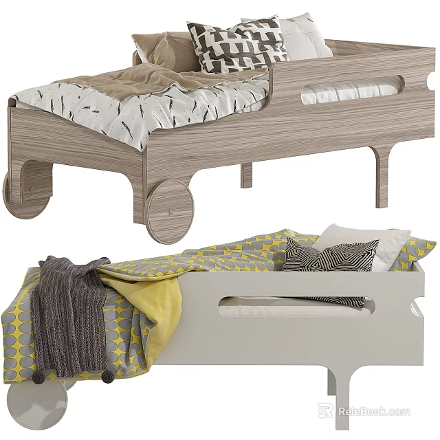Wooden and White Kids Bed with Geometric Pattern Bedding and Wheel Design 3d model 