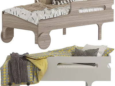 Wooden and White Kids Bed with Geometric Pattern Bedding and Wheel Design 3d model