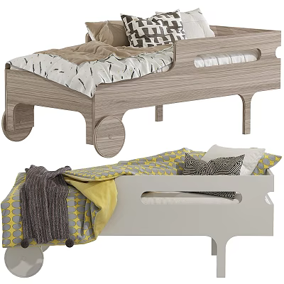 Wooden and White Kids Bed with Geometric Pattern Bedding and Wheel Design 3d model