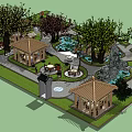 Serene Garden Courtyard with Multiple Wooden Pavilions Decorative Pond Lush Trees and Winding Paths
