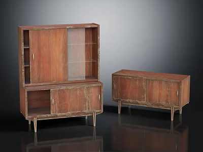 Rustic Wooden Console Cabinet And Side Cabinet With Open Shelves And Glass Doors 3d model