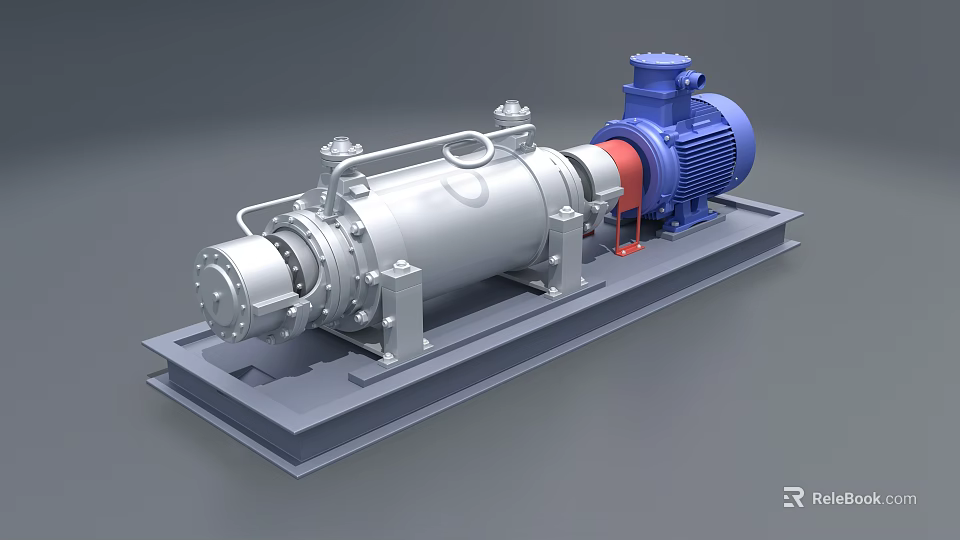 Industrial Equipment Featuring Silver Cylindrical Body Blue Motor Red Coupling and Gray Base 3d model 