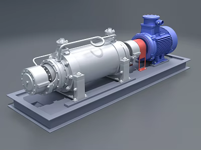 Industrial Equipment Featuring Silver Cylindrical Body Blue Motor Red Coupling and Gray Base 3d model