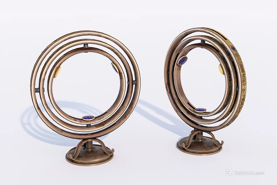 Decorative Ornament Set Brass Circular Ring Design With Blue Accents And Sturdy Base For Home 3d model 