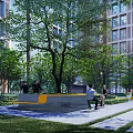 Modern Garden Ornaments In Courtyard With Yellow Seats Colorful Paving And Greenery
