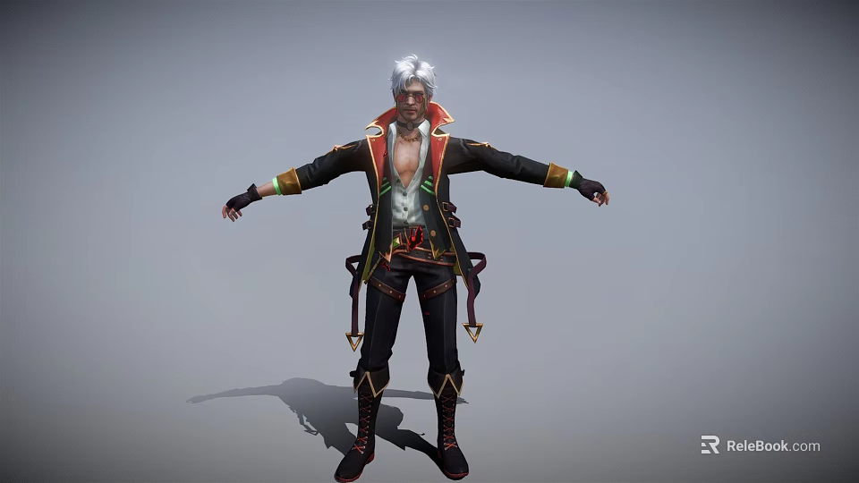 White Haired 3D Character In Open Black Red Coat With Belted Waist And Arms Outstretched 3d model 