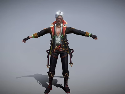 White Haired 3D Character In Open Black Red Coat With Belted Waist And Arms Outstretched 3d model