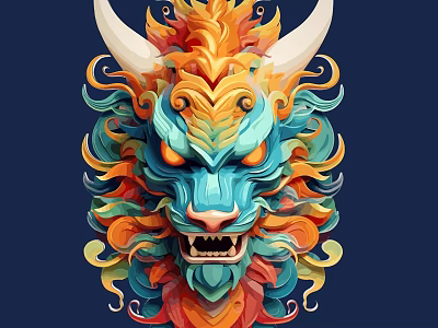 Colorful Dragon Head Wall Decor With Ornate Curled Manes And Vibrant Hues 3d model