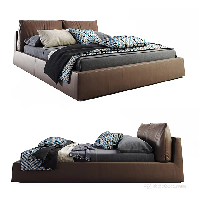 Modern Double Bed With Brown Leather Headboard Decorative Pillows And Soft Bedding 3d model