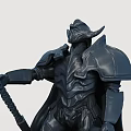 Dark Colored Warrior Sculpture With Detailed Armor Holding Spear And Cloak