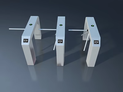 Three White Swing Door Turnstiles With RJ Logo And Green Indicator Lights 3d model