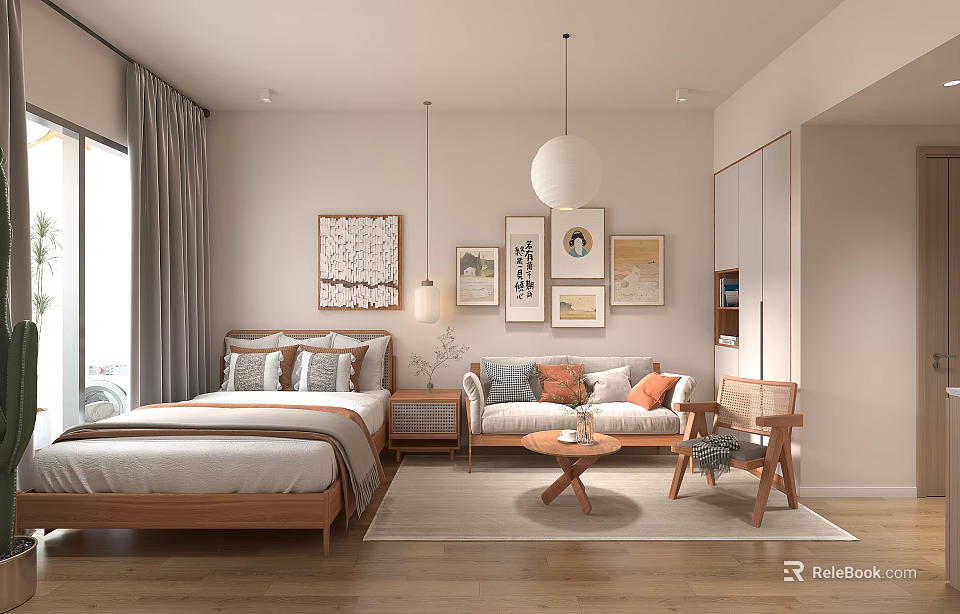 Cozy Apartment Living Space With Wooden Furniture And Art Decor 3d model 