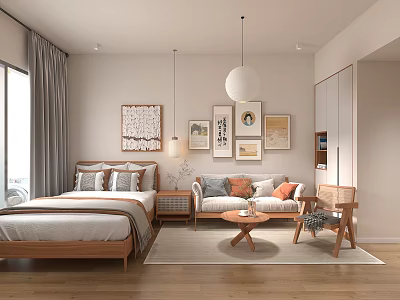 Cozy Apartment Living Space With Wooden Furniture And Art Decor 3d model