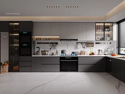 Modern Kitchen Interior With Gray Cabinets Marble Countertop And Stainless Steel Appliances 3d model