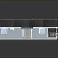 Light Blue Wooden House With Gray Roof White Railings Porch Steps And Windows
