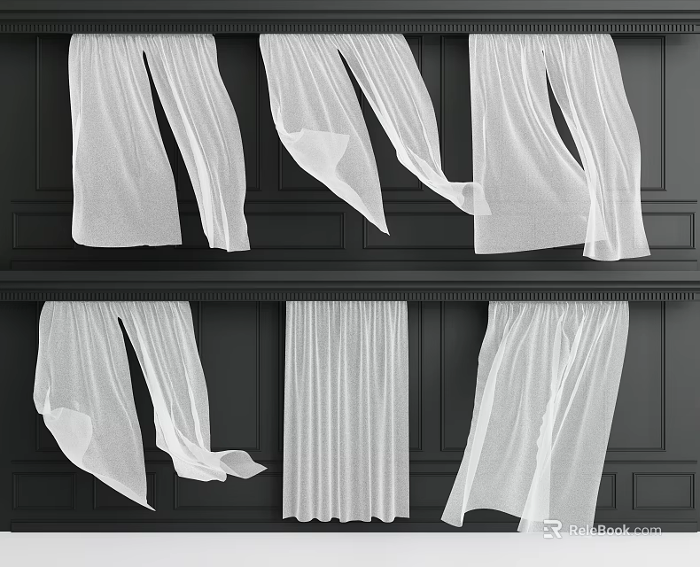 White Sheer Curtains In Various Styles For Interior With Dark Paneled Walls 3d model 