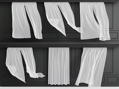 White Sheer Curtains In Various Styles For Interior With Dark Paneled Walls 3d model