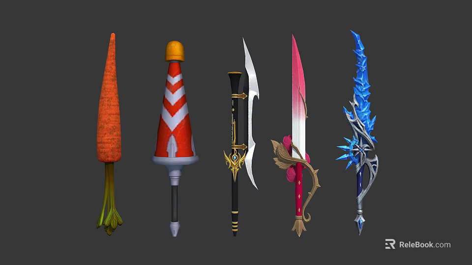 Unique Decorative Fantasy Weapons with Carrot Umbrella Sword Ice and Floral Styles 3d model 