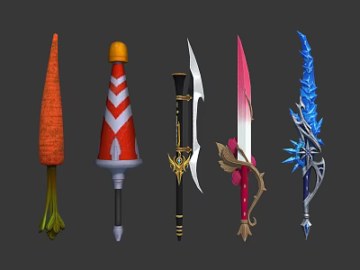 Unique Decorative Fantasy Weapons with Carrot Umbrella Sword Ice and Floral Styles 3d model