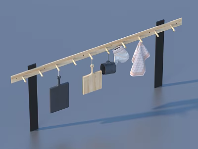 Kitchen Hanging Rack With Wooden Rod Black Stands Cutting Boards Pot And Towel 3d model