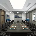 Modern Conference Room Interior With Long Table Chairs Large Screen TV Screens And Windows
