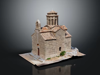 Stone Built Church Model Featuring Red Tiled Roof Bell Tower And Small Doorway 3d model