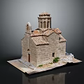 Stone Built Church Model Featuring Red Tiled Roof Bell Tower And Small Doorway