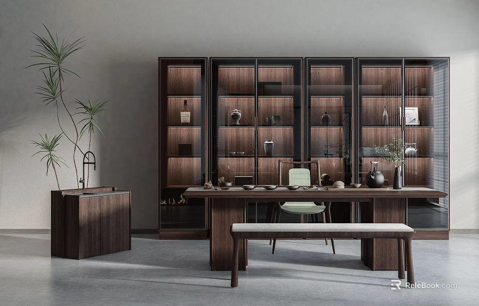 Modern Dark Wood Tea Table And Chairs With Bookshelves And Green Plants 3d model 