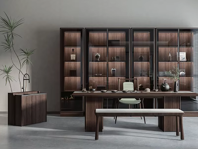 Modern Dark Wood Tea Table And Chairs With Bookshelves And Green Plants 3d model
