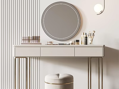 Modern Vanity Table With Round Mirror Stool Golden Legs And Cosmetics 3d model