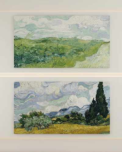 Vibrant Green Landscape Painting With Rolling Fields Wavy Brushstrokes Cloudy Sky And Cypress Trees 3d model