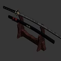 Traditional Japanese Katana on Wooden Display Stand with Red String Handle Wrapping and Black Scabbard Golden Emblem
