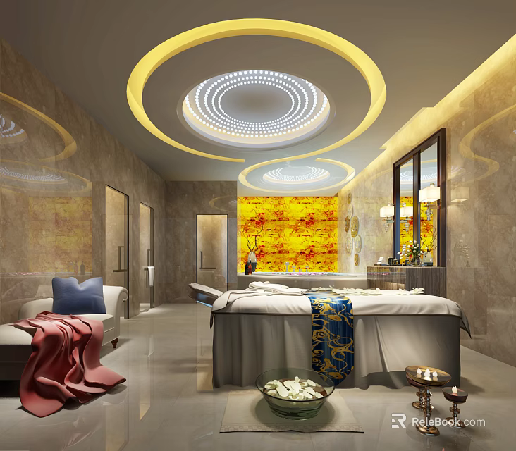 Luxurious SPA Sauna Interior With Massage Bed Soft Lighting Marble Walls And Decorative Art 3d model 