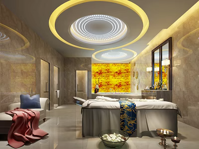 Luxurious SPA Sauna Interior With Massage Bed Soft Lighting Marble Walls And Decorative Art 3d model