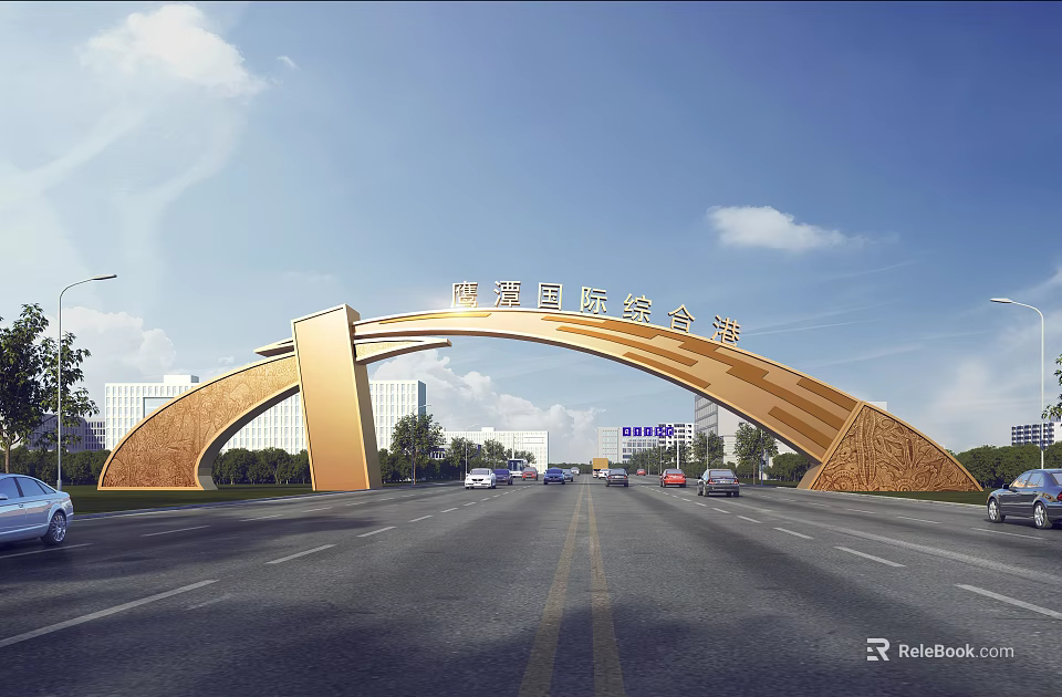 Grand Golden Arched Entrance Gate of Zhitu International Automobile City with Road Vehicles Blue Sky 3d model 