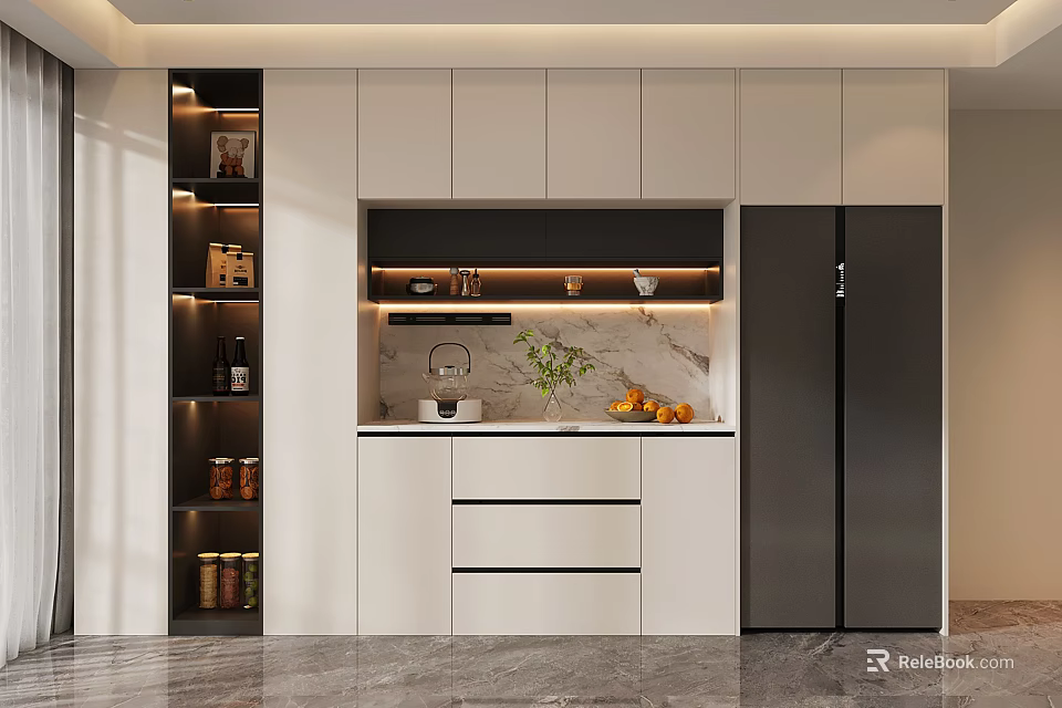 Elegant Wine Cabinet Design With Glass Storage And LED Lighting In Modern Kitchen 3d model 