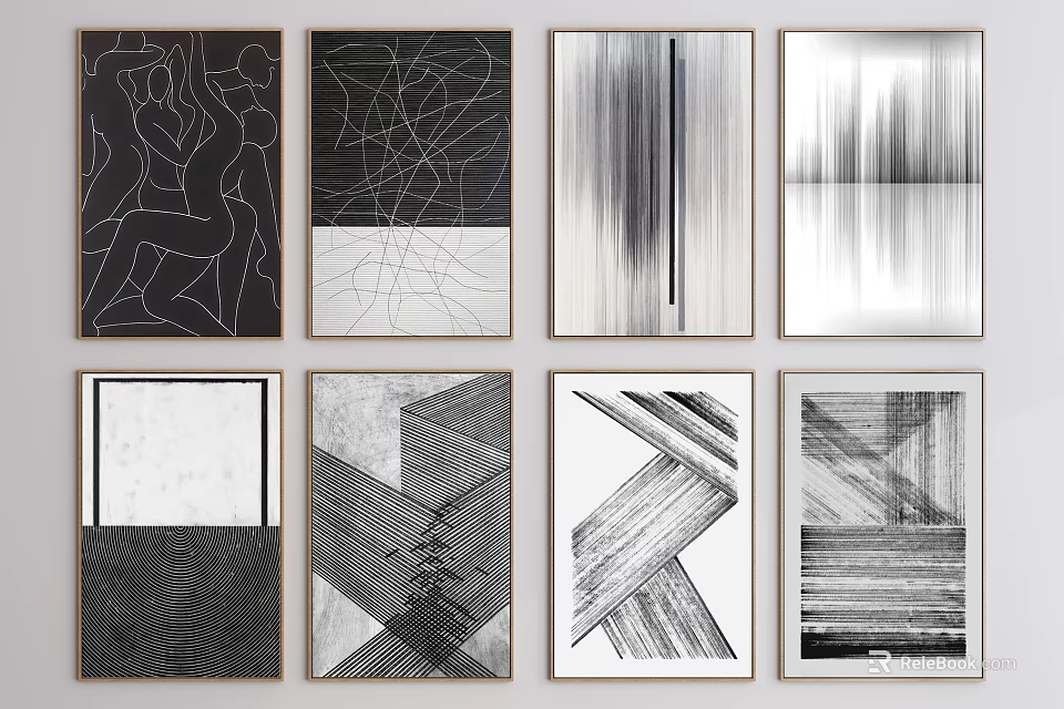 Black And White Abstract Art Prints With Geometric Patterns For Wall Decor 3d model