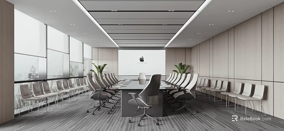 Modern Conference Room Interior With Long Table Ergonomic Chairs Large Screen Wooden Walls And Plants 3d model 