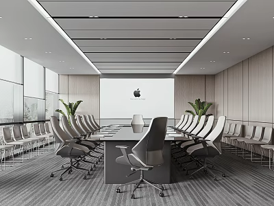 Modern Conference Room Interior With Long Table Ergonomic Chairs Large Screen Wooden Walls And Plants 3d model