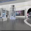 Modern Exhibition Hall Interior With Spiral Staircase White Column And Starry Sky Ceiling