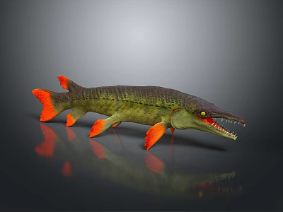 3D Model of Ferocious Fish With Long Snout Sharp Teeth Green Body and Orange Fins 3d model