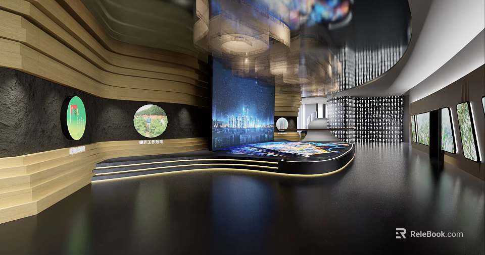 Modern Exhibition Hall Interior With Curved Wooden Walls Circular Windows And Digital Screen 3d model 
