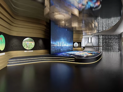 Modern Exhibition Hall Interior With Curved Wooden Walls Circular Windows And Digital Screen 3d model