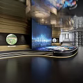 Modern Exhibition Hall Interior With Curved Wooden Walls Circular Windows And Digital Screen
